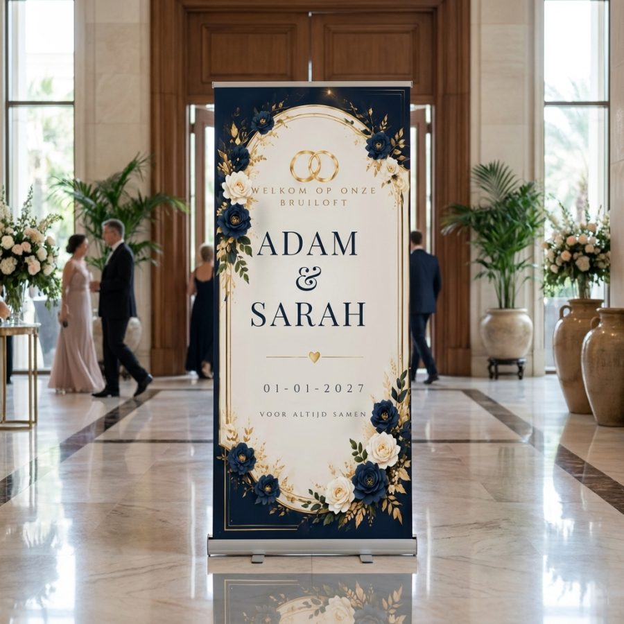 Midnight Navy Golden Floral Midnight Navy Golden Floral Welkomstbord Bruiloft met Luxe navy blauw en gouden roll-up trouwbanner met florale decoratie, bewerkbare namen, datum en quote. Een in een stijlvolle ontvangstruimte of feestlocatie