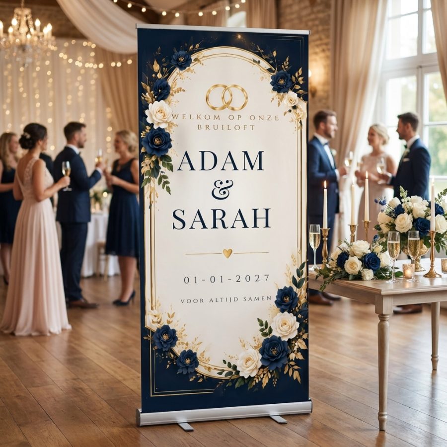 Midnight Navy Golden Floral Midnight Navy Golden Floral Welkomstbord Bruiloft met Luxe navy blauw en gouden roll-up trouwbanner met florale decoratie, bewerkbare namen, datum en quote. Een als uitgelichte productfoto in een realistische bruiloftssetting