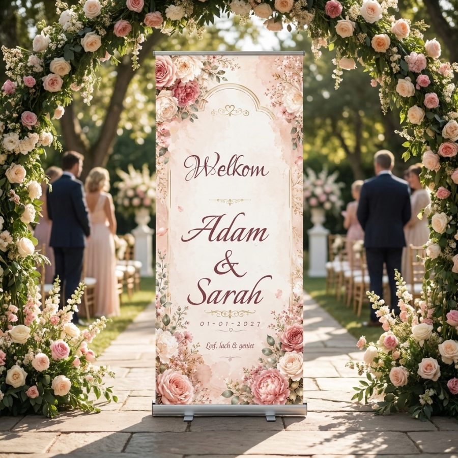 Romantic Rose Wedding Banner Romantic Rose Wedding Banner met Romantische roze bloemen trouwbanner met luxe gouden details, geschikt als welkomstbord voor jullie bruiloft. Romantic Rose bij een ceremonie of ontvangst voor een bruiloft
