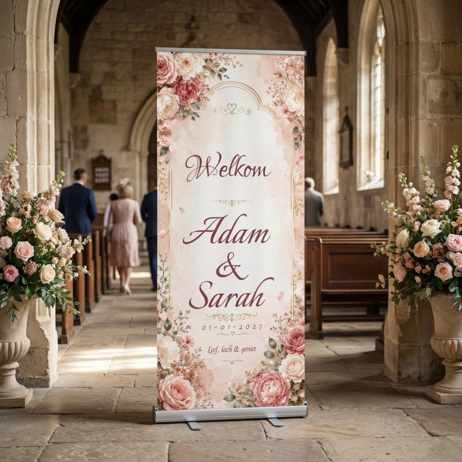 Romantic Rose Wedding Banner Romantic Rose Wedding Banner met Romantische roze bloemen trouwbanner met luxe gouden details, geschikt als welkomstbord voor jullie bruiloft. Romantic Rose in een romantische trouwsetting met premium uitstraling
