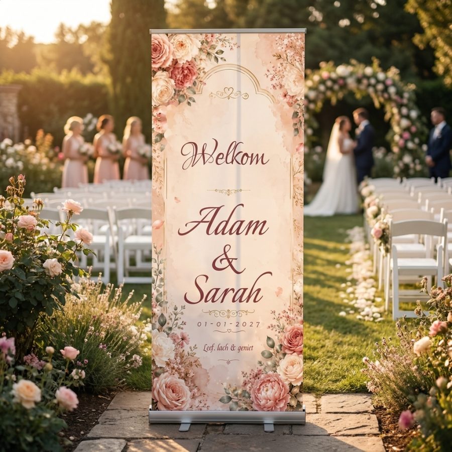 Romantic Rose Wedding Banner Romantic Rose Wedding Banner met Romantische roze bloemen trouwbanner met luxe gouden details, geschikt als welkomstbord voor jullie bruiloft. Romantic Rose in een stijlvolle ontvangstruimte of feestlocatie