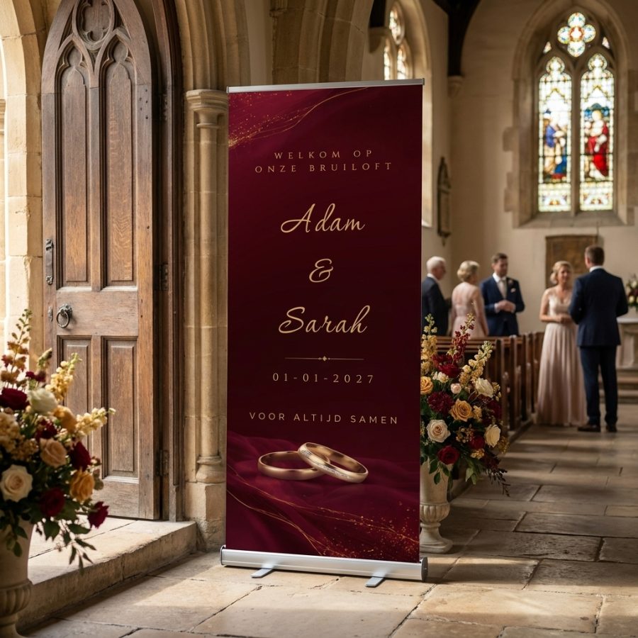 Bordeaux Golden Rings Welkomstbanner Bruiloft Bordeaux Golden Rings Welkomstbanner Bruiloft met Luxe bordeauxrode roll-up trouwbanner met gouden lijnen en trouwringen. Personaliseer vier tekstvelden en kies 85 x bij een ceremonie of ontvangst voor een bruiloft