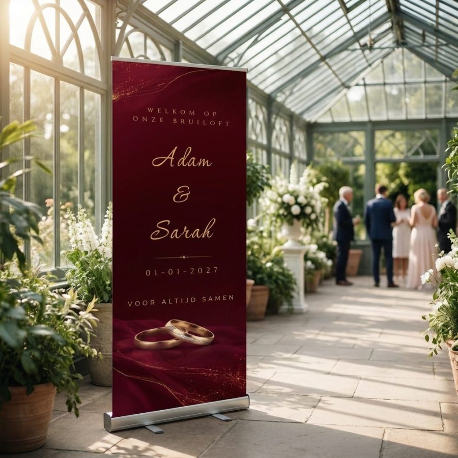 Bordeaux Golden Rings Welkomstbanner Bruiloft Bordeaux Golden Rings Welkomstbanner Bruiloft met Luxe bordeauxrode roll-up trouwbanner met gouden lijnen en trouwringen. Personaliseer vier tekstvelden en kies 85 x in een romantische trouwsetting met premium uitstraling