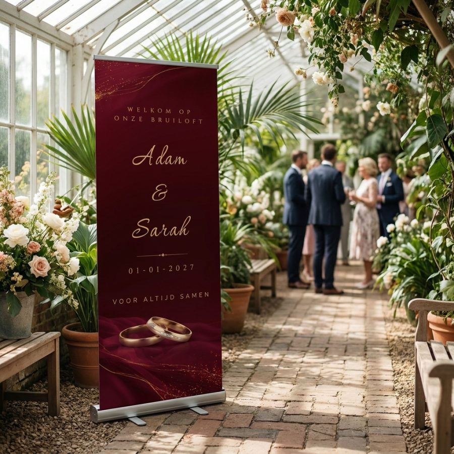 Bordeaux Golden Rings Welkomstbanner Bruiloft Bordeaux Golden Rings Welkomstbanner Bruiloft met Luxe bordeauxrode roll-up trouwbanner met gouden lijnen en trouwringen. Personaliseer vier tekstvelden en kies 85 x in een stijlvolle ontvangstruimte of feestlocatie