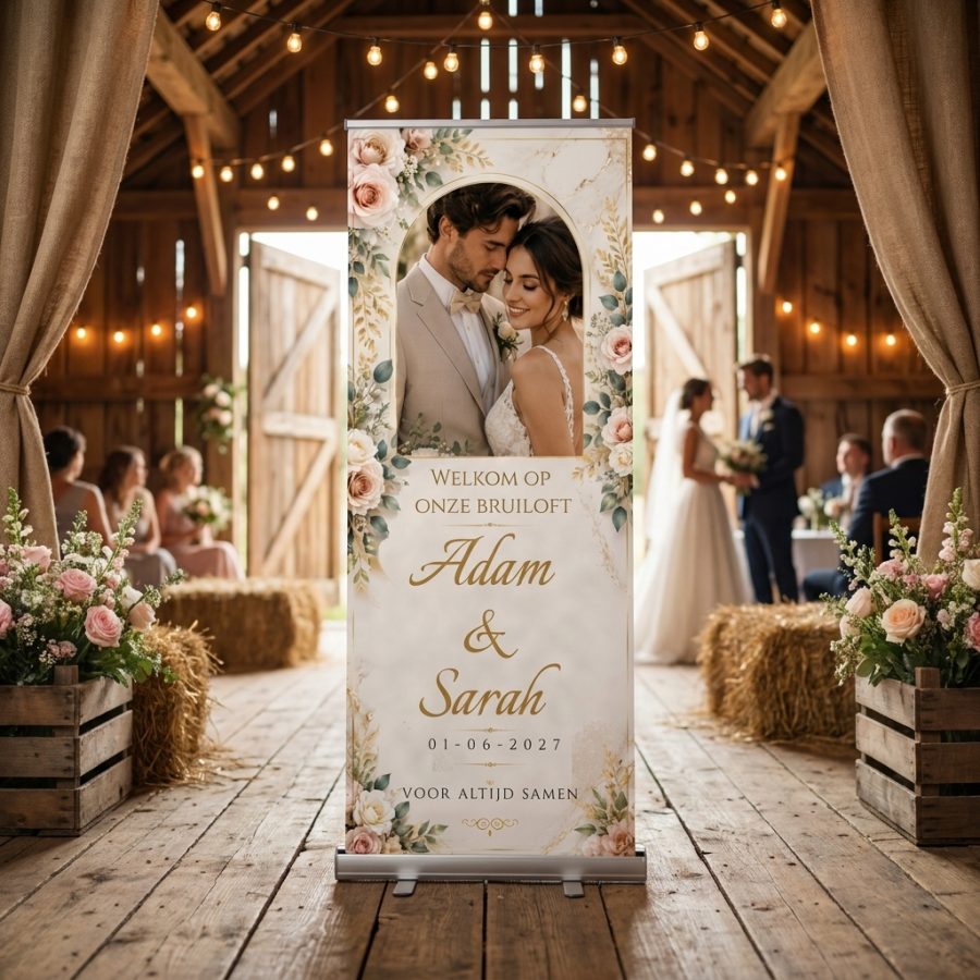 Golden Rose Marble Photo Golden Rose Marble Photo Welkomstbord Bruiloft met Romantisch welkomstbord met eigen foto, roze rozen, marmer en goudaccenten. Een persoonlijk welkomstbord voor jullie bruiloft bij een ceremonie of ontvangst voor een bruiloft