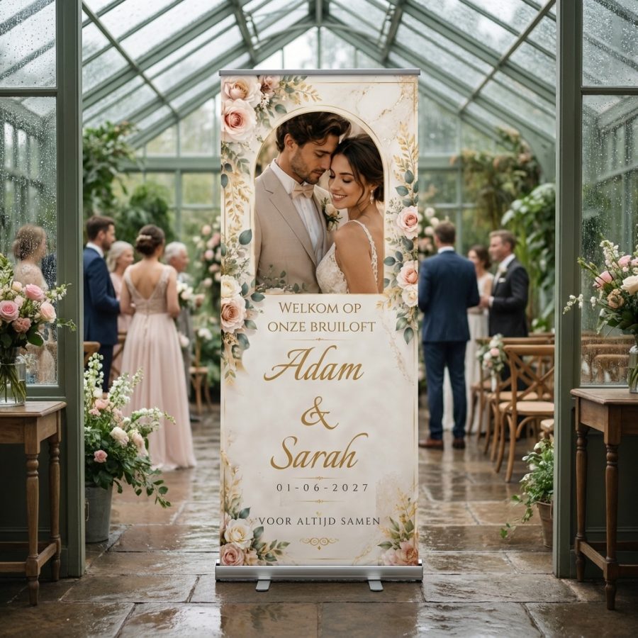 Golden Rose Marble Photo Golden Rose Marble Photo Welkomstbord Bruiloft met Romantisch welkomstbord met eigen foto, roze rozen, marmer en goudaccenten. Een persoonlijk welkomstbord voor jullie bruiloft in een stijlvolle ontvangstruimte of feestlocatie