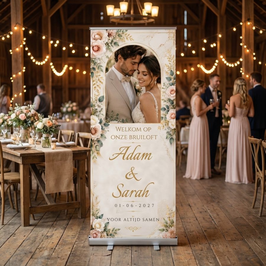 Golden Rose Marble Photo Golden Rose Marble Photo Welkomstbord Bruiloft met Romantisch welkomstbord met eigen foto, roze rozen, marmer en goudaccenten. Een persoonlijk welkomstbord voor jullie bruiloft in een romantische trouwsetting met premium uitstraling