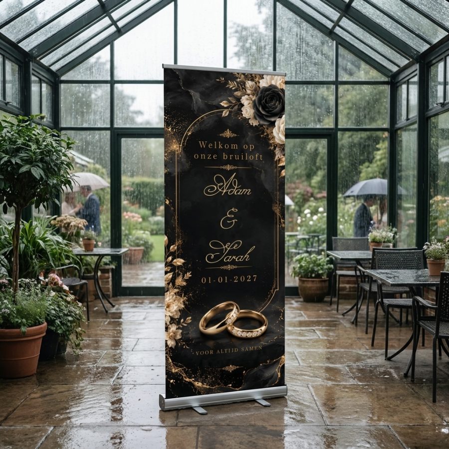 Midnight Rose Gold Welkomstbord Bruiloft Midnight Rose Gold Welkomstbord Bruiloft met Luxe zwarte trouwbanner met goudaccenten, rozen en trouwringen, persoonlijk gemaakt met jullie namen, datum en boodschap. bij een ceremonie of ontvangst voor een bruiloft