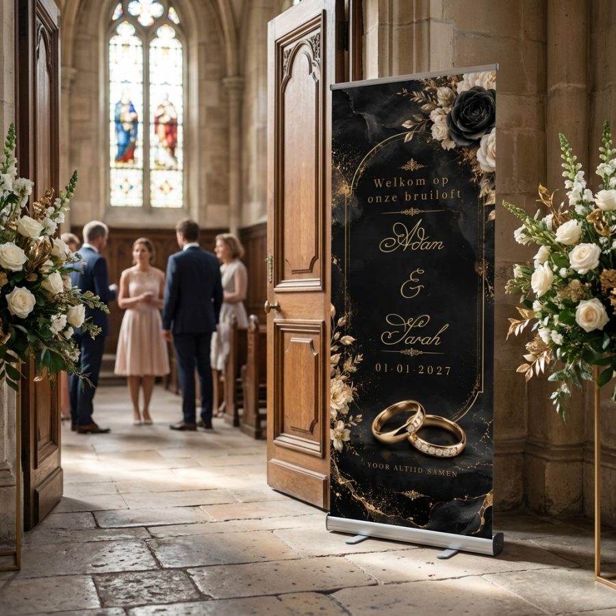 Midnight Rose Gold Welkomstbord Bruiloft Midnight Rose Gold Welkomstbord Bruiloft met Luxe zwarte trouwbanner met goudaccenten, rozen en trouwringen, persoonlijk gemaakt met jullie namen, datum en boodschap. in een romantische trouwsetting met premium uitstraling