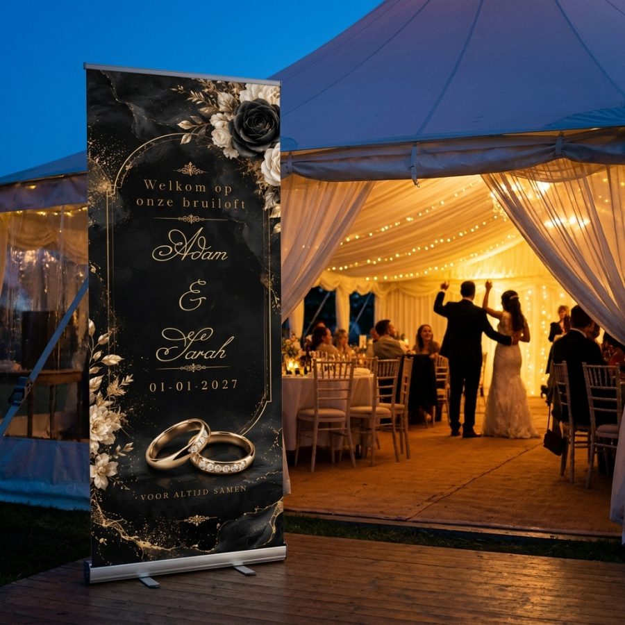 Midnight Rose Gold Welkomstbord Bruiloft Midnight Rose Gold Welkomstbord Bruiloft met Luxe zwarte trouwbanner met goudaccenten, rozen en trouwringen, persoonlijk gemaakt met jullie namen, datum en boodschap. in een stijlvolle ontvangstruimte of feestlocatie