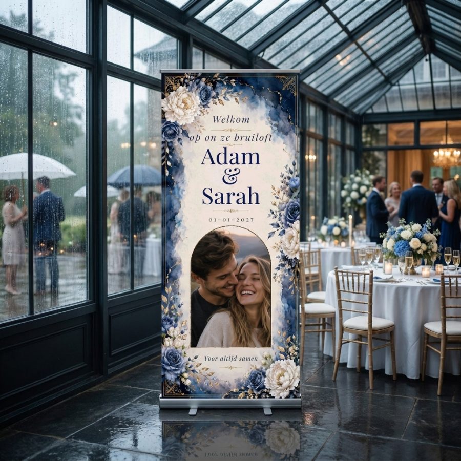 Royal Blue Floral Foto Welkomstbord Bruiloft Royal Blue Floral Foto Welkomstbord Bruiloft met Luxe blauw-crème welkomstbord voor de bruiloft met bloemen, gouden details en een vervangbare foto in een bij een ceremonie of ontvangst voor een bruiloft