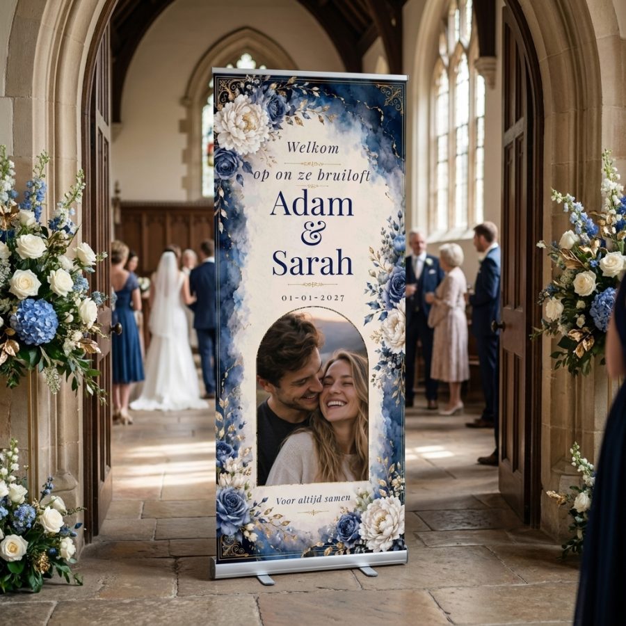 Royal Blue Floral Photo Wedding Welcome Sign Royal Blue Floral Wedding Photo Welcome Sign with a luxurious blue-cream wedding welcome sign featuring flowers, gold details, and a replaceable photo in a romantic wedding setting with a premium look.