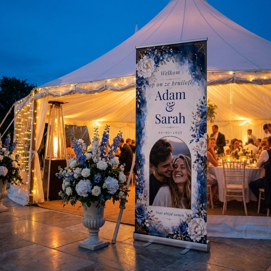 Royal Blue Floral Photo Wedding Welcome Sign Royal Blue Floral Photo Wedding Welcome Sign with a luxurious blue-cream wedding welcome sign featuring flowers, gold details, and a replaceable photo in a stylish reception area or party venue.