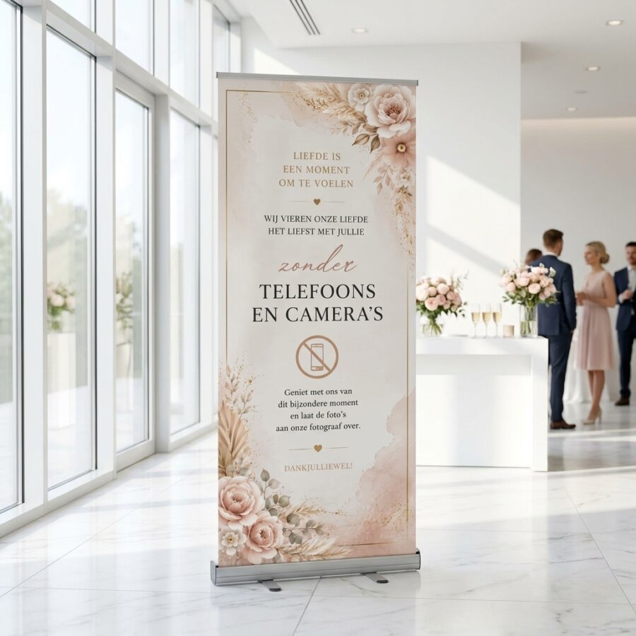 Blush Floral Unplugged No Pictures Blush Floral Unplugged No Pictures met Romantische roll-up trouwbanner met blush bloemen, rozen, pampas en goudaccenten. Ideaal om feestregels rond telefoons en bij een ceremonie of ontvangst voor een bruiloft
