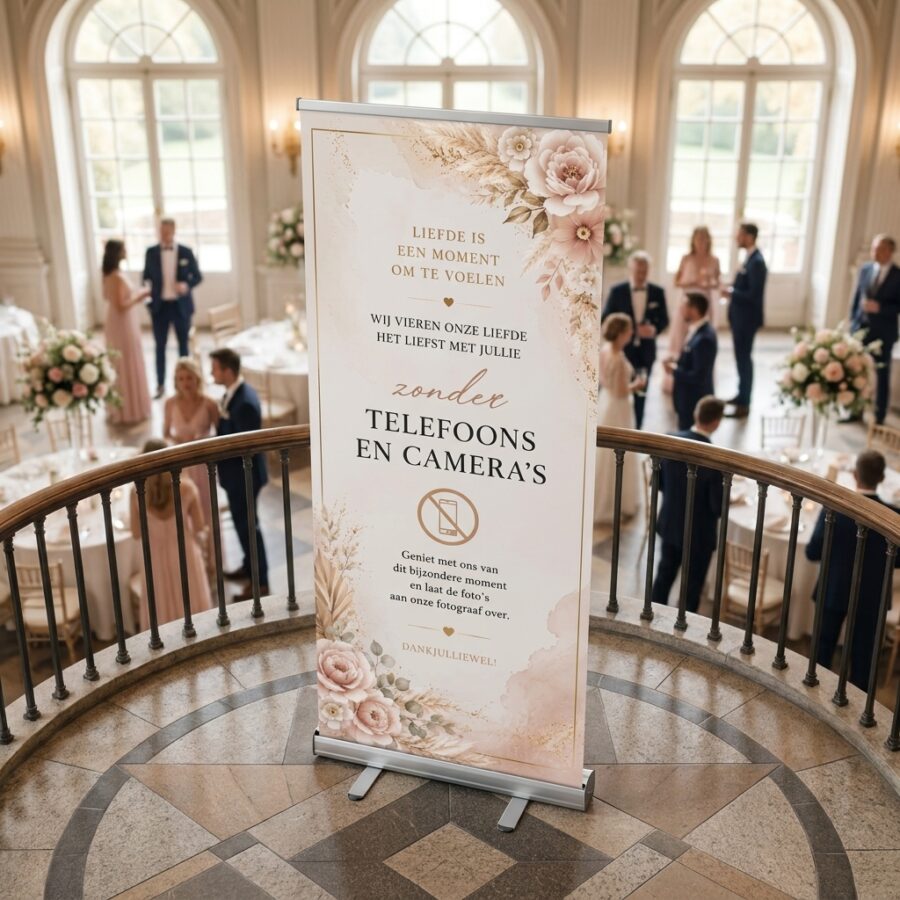 Blush Floral Unplugged No Pictures Blush Floral Unplugged No Pictures met Romantische roll-up trouwbanner met blush bloemen, rozen, pampas en goudaccenten. Ideaal om feestregels rond telefoons en in een romantische trouwsetting met premium uitstraling