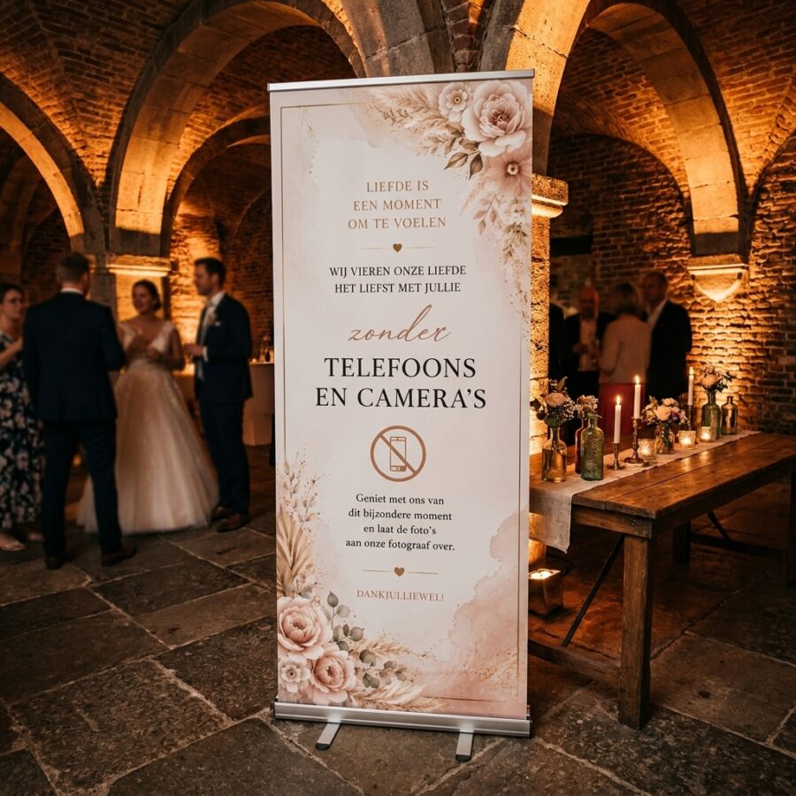 Blush Floral Unplugged No Pictures Blush Floral Unplugged No Pictures met Romantische roll-up trouwbanner met blush bloemen, rozen, pampas en goudaccenten. Ideaal om feestregels rond telefoons en in een stijlvolle ontvangstruimte of feestlocatie