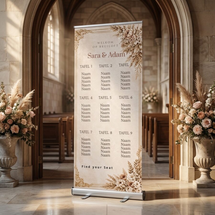 Blush Rose Luxe Tafelplan Trouwbanner Blush Rose Luxe Tafelplan Trouwbanner met Luxe crème-blush tafelplan trouwbanner met scherpe rozen, goudaccenten en twintig volledig bewerkbare tafelblokken. Blush Rose Luxe in een romantische trouwsetting met premium uitstraling