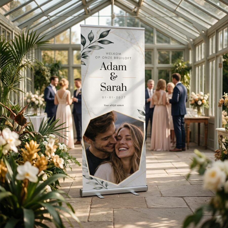 Botanical Marble Gold Welkomstbord Bruiloft met Foto Botanical Marble Gold Welkomstbord Bruiloft met Foto met Licht marmeren trouwbanner met botanische bladeren, gouden lijnen en een vervangbare eigen foto. Personaliseer namen, datum, bij een ceremonie of ontvangst voor een bruiloft
