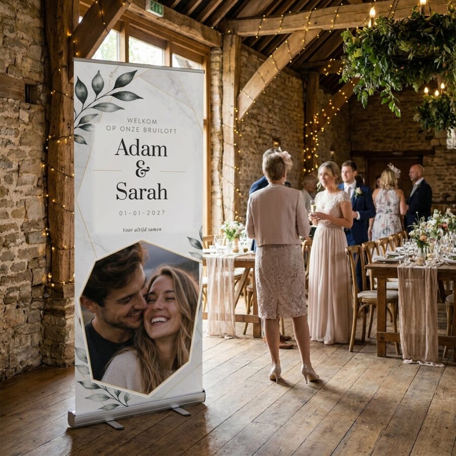 Botanical Marble Gold Welkomstbord Bruiloft met Foto Botanical Marble Gold Welkomstbord Bruiloft met Foto met Licht marmeren trouwbanner met botanische bladeren, gouden lijnen en een vervangbare eigen foto. Personaliseer namen, datum, in een stijlvolle ontvangstruimte of feestlocatie