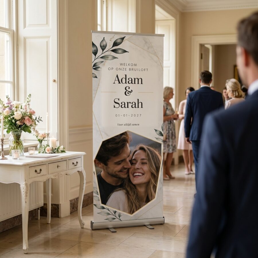Botanical Marble Gold Welkomstbord Bruiloft met Foto Botanical Marble Gold Welkomstbord Bruiloft met Foto met Licht marmeren trouwbanner met botanische bladeren, gouden lijnen en een vervangbare eigen foto. Personaliseer namen, datum, in een romantische trouwsetting met premium uitstraling