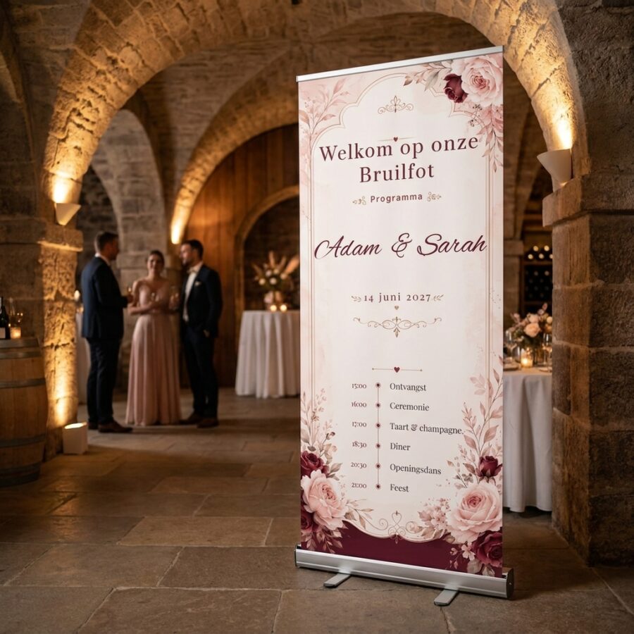 Burgundy Rose Dag Programma Banner Burgundy Rose Dag Programma banner met Romantische roll-up welkomstbanner met bordeauxrode en zachtroze rozen, goudaccenten en een volledig personaliseerbaar dagprogramma. Burgundy Rose in een stijlvolle ontvangstruimte of feestlocatie
