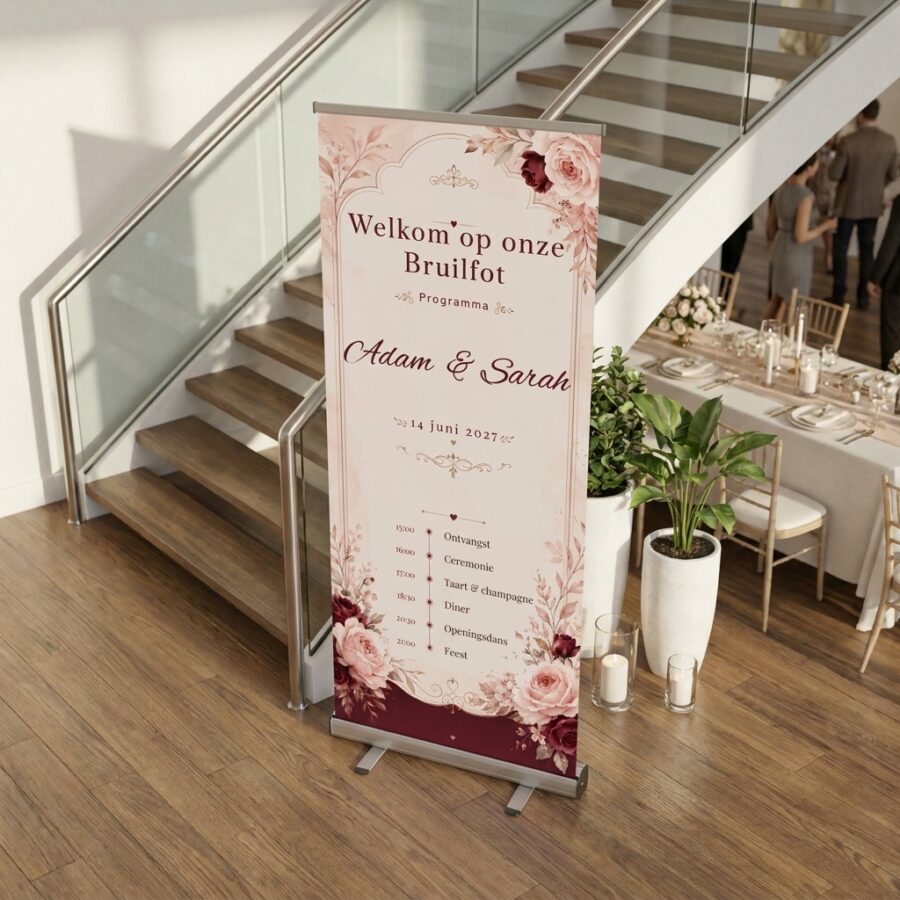 Burgundy Rose Dag Programma Banner Burgundy Rose Romance Welkomstbanner Bruiloft met Romantische roll-up welkomstbanner met bordeauxrode en zachtroze rozen, goudaccenten en een volledig personaliseerbaar dagprogramma. Burgundy Rose bij een ceremonie of ontvangst voor een bruiloft