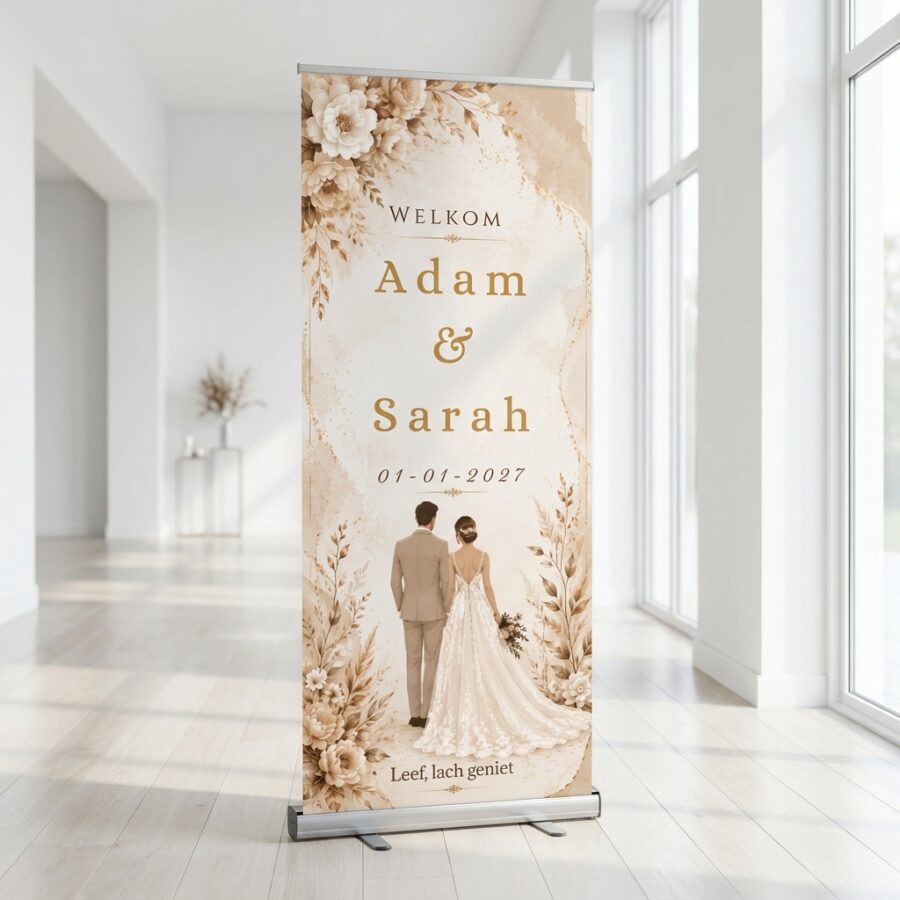 Champagne Peony Romance Welkomstbord Bruiloft Champagne Peony Romance Welkomstbord Bruiloft met Romantisch crème-goud welkomstbord voor de bruiloft met bloemen, elegante illustratie en vier personaliseerbare tekstvelden. Een romantisch bij een ceremonie of ontvangst voor een bruiloft