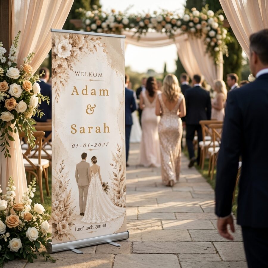 Champagne Peony Romance Welkomstbord Bruiloft Champagne Peony Romance Welkomstbord Bruiloft met Romantisch crème-goud welkomstbord voor de bruiloft met bloemen, elegante illustratie en vier personaliseerbare tekstvelden. Een romantisch in een romantische trouwsetting met premium uitstraling