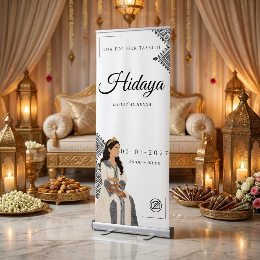 Emerald Henna Elegance Welkomstbord Bruiloft Emerald Henna Elegance Welkomstbord Bruiloft met Crèmekleurig en groen henna-welkomstbord voor een bruiloft, zonder foto, met vier bewerkbare tekstlagen en twee roll-up bij een ceremonie of ontvangst voor een bruiloft
