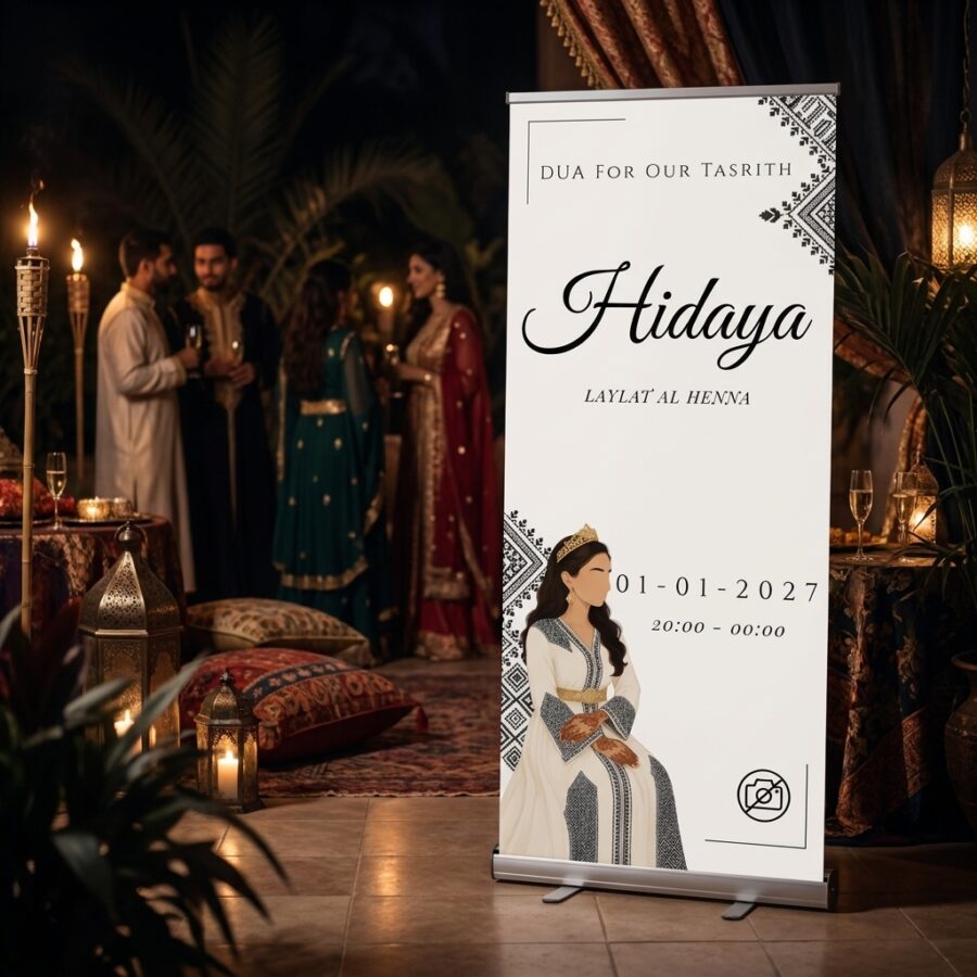 Emerald Henna Elegance Welkomstbord Bruiloft Emerald Henna Elegance Welkomstbord Bruiloft met Crèmekleurig en groen henna-welkomstbord voor een bruiloft, zonder foto, met vier bewerkbare tekstlagen en twee roll-up in een stijlvolle ontvangstruimte of feestlocatie