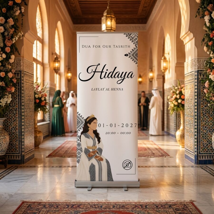 Emerald Henna Elegance Welkomstbord Bruiloft Emerald Henna Elegance Welkomstbord Bruiloft met Crèmekleurig en groen henna-welkomstbord voor een bruiloft, zonder foto, met vier bewerkbare tekstlagen en twee roll-up in een romantische trouwsetting met premium uitstraling