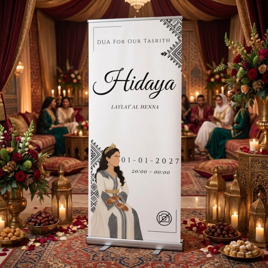Emerald Henna Elegance Welkomstbord Bruiloft Emerald Henna Elegance Welkomstbord Bruiloft met Crèmekleurig en groen henna-welkomstbord voor een bruiloft, zonder foto, met vier bewerkbare tekstlagen en twee roll-up als uitgelichte productfoto in een realistische bruiloftssetting