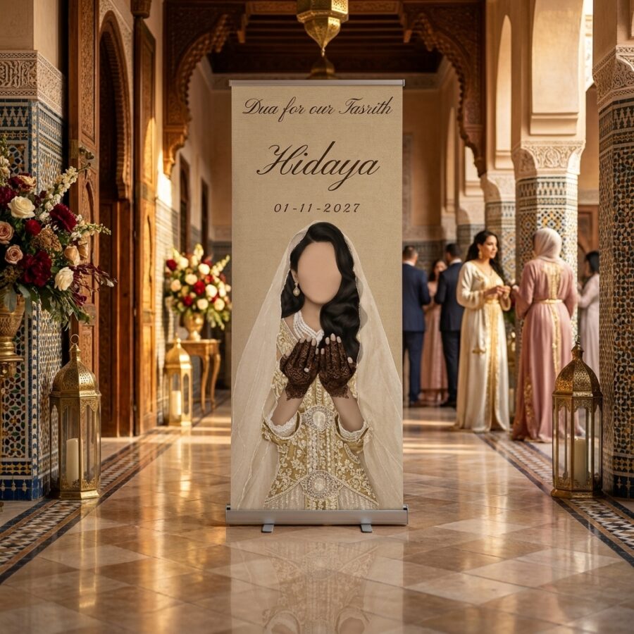 Golden Tasrith Dua Henna Trouwbanner Golden Tasrith Dua Henna Trouwbanner met Warme crème-gouden Tasrith Dua trouwbanner zonder foto, met vier bewerkbare tekstlagen. Een warme Golden Tasrith Dua in een romantische trouwsetting met premium uitstraling