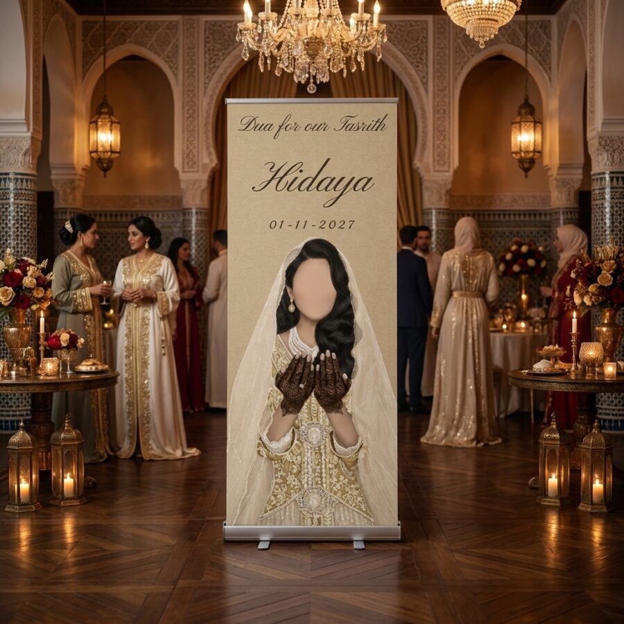 Golden Tasrith Dua Henna Trouwbanner Golden Tasrith Dua Henna Trouwbanner met Warme crème-gouden Tasrith Dua trouwbanner zonder foto, met vier bewerkbare tekstlagen. Een warme Golden Tasrith Dua in een stijlvolle ontvangstruimte of feestlocatie