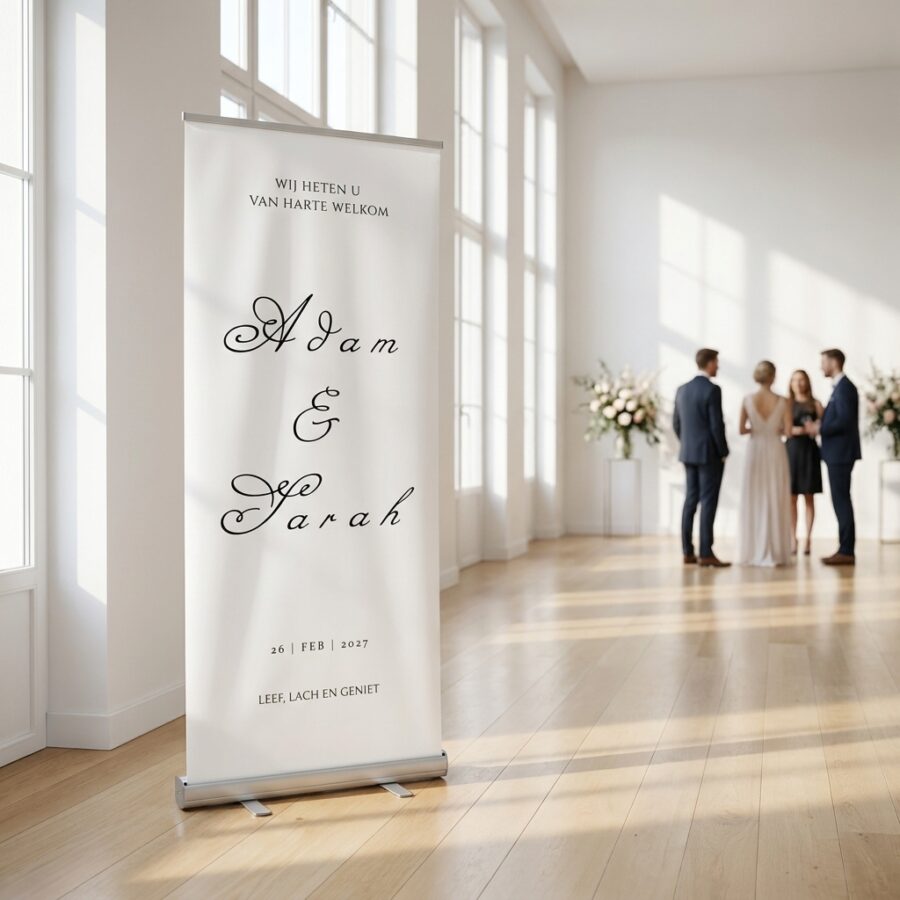 Simple Timeless Trouwbanner Simple Timeless Trouwbanner met Geef jullie bruiloft een stijlvolle eerste indruk met de Timeless Witte Trouwbanner. Dit tijdloze ontwerp combineert bij een ceremonie of ontvangst voor een bruiloft