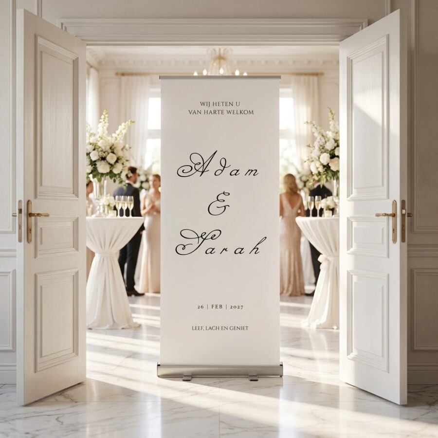 Simple Timeless Trouwbanner Simple Timeless Trouwbanner met Geef jullie bruiloft een stijlvolle eerste indruk met de Timeless Witte Trouwbanner. Dit tijdloze ontwerp combineert in een romantische trouwsetting met premium uitstraling