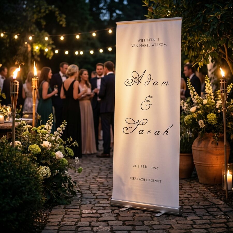 Simple Timeless Trouwbanner Simple Timeless Trouwbanner met Geef jullie bruiloft een stijlvolle eerste indruk met de Timeless Witte Trouwbanner. Dit tijdloze ontwerp combineert in een stijlvolle ontvangstruimte of feestlocatie