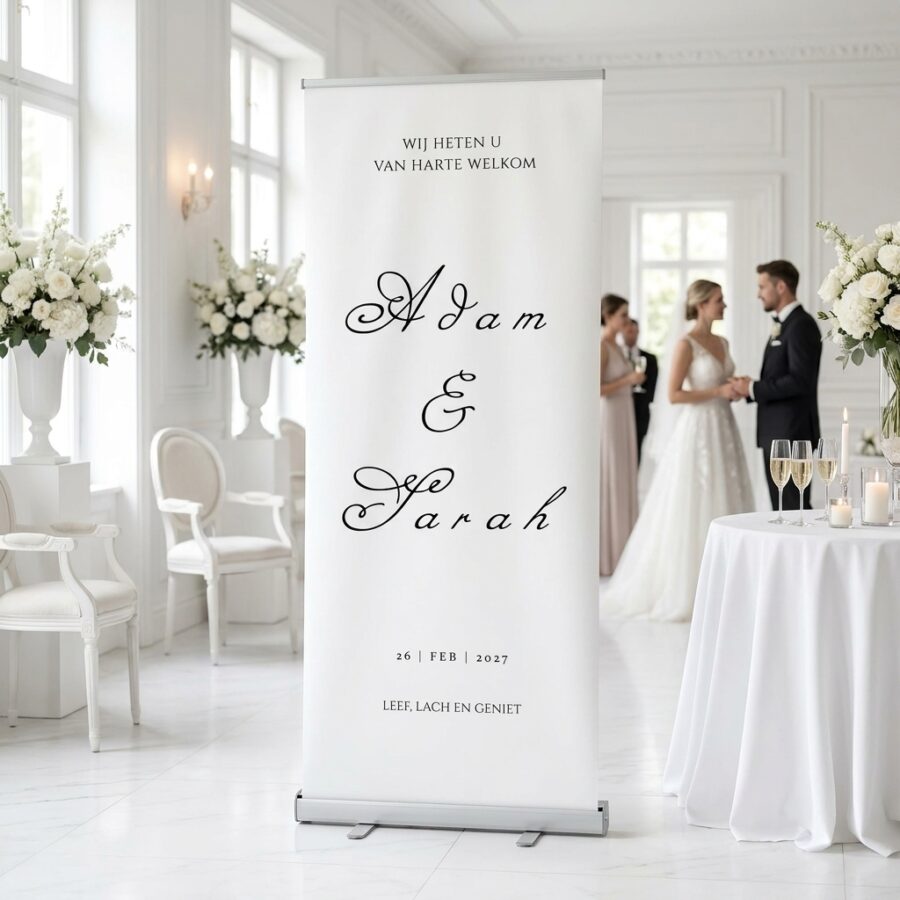 Simple Timeless Trouwbanner Simple Timeless Trouwbanner met Geef jullie bruiloft een stijlvolle eerste indruk met de Timeless Witte Trouwbanner. Dit tijdloze ontwerp combineert als uitgelichte productfoto in een realistische bruiloftssetting