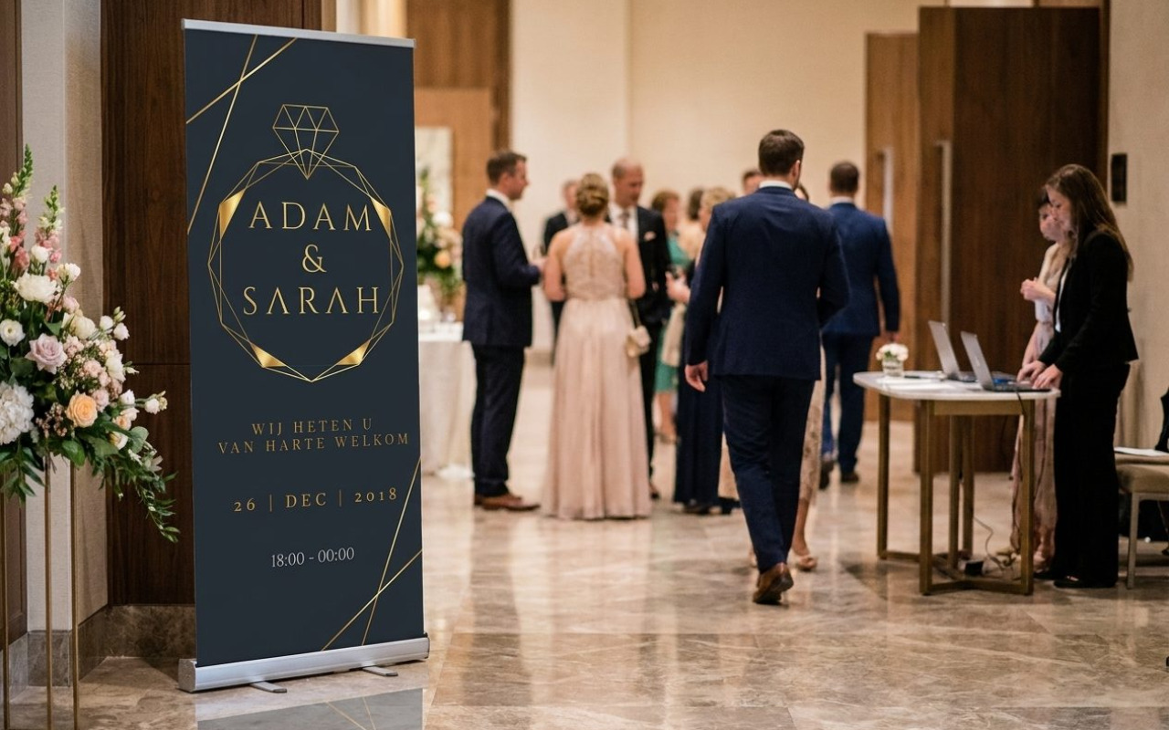Staande banner bruiloft Je zoekt een Staande banner bruiloft die meteen welkom zegt. Bij Trouwbanners maken we je welkomstbord als rollup banner met ontwerp op maat, jouw namen, datum en locatie, voor ceremonie en receptie. Kies formaat, enkel of dubbelzijdig, premium materiaal dat strak staat, optioneel QR code naar gastenboek. We leveren snel…