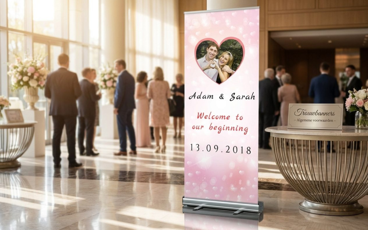 Bruiloft banner maken Bij Trouwbanners laat je Bruiloft banner maken als welkomstbord in rollup banner vorm. Wij ontwerpen en printen voor bruidsparen en planners die gasten direct warm ontvangen. Je kiest een ontwerp op maat met namen datum foto kleur en typografie. We adviseren formaat en materiaal, UV bestendig en waterafstotend, voor indoor…