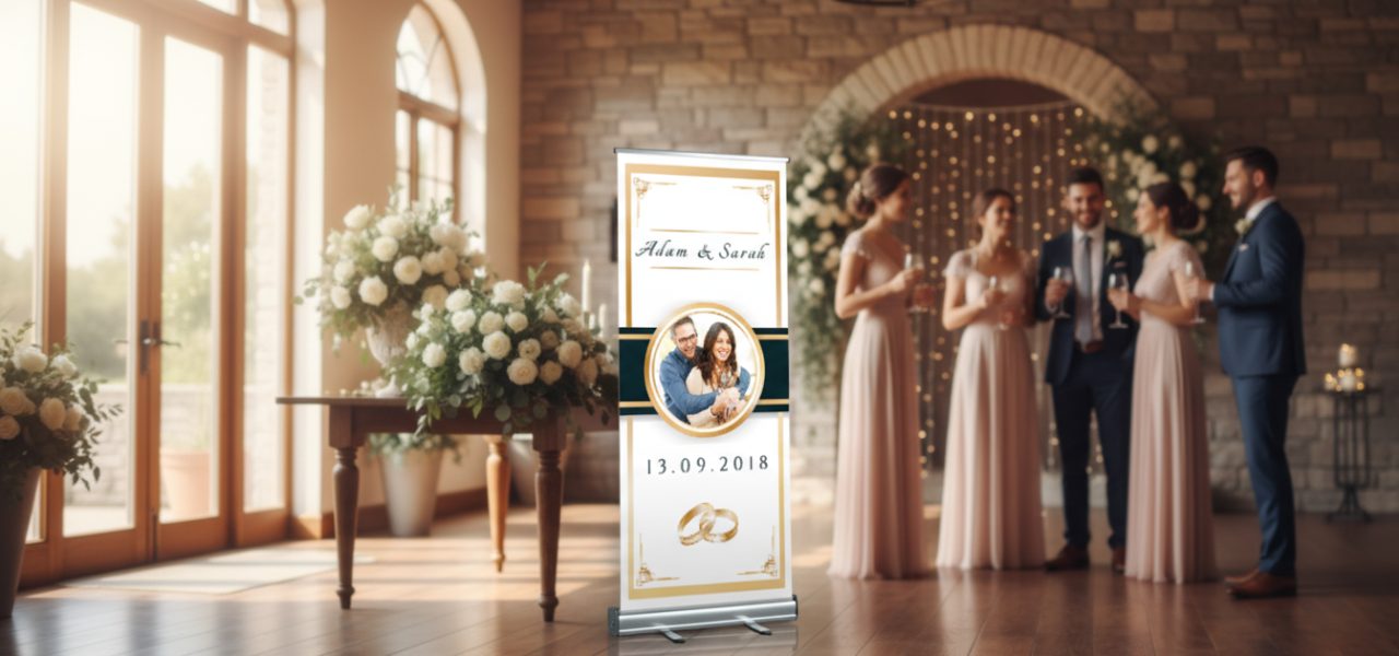 Bruiloft banner prijs Bruiloft banner prijs uitgelegd voor jouw roll up welkomstbord