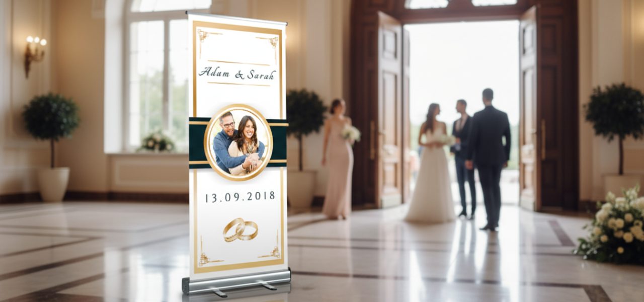 Wat is een bruiloft rollup banner met standaard
