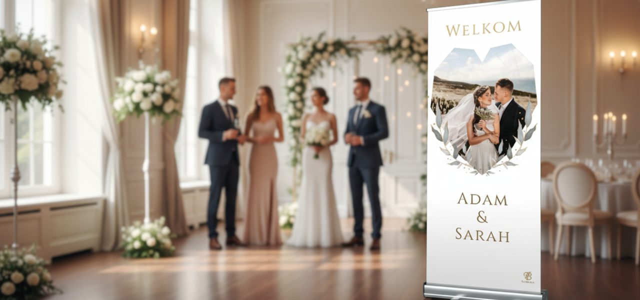 Bruiloftsbord met eigen tekst Formaten, materialen en opties voor een rollup banner die blijft staan