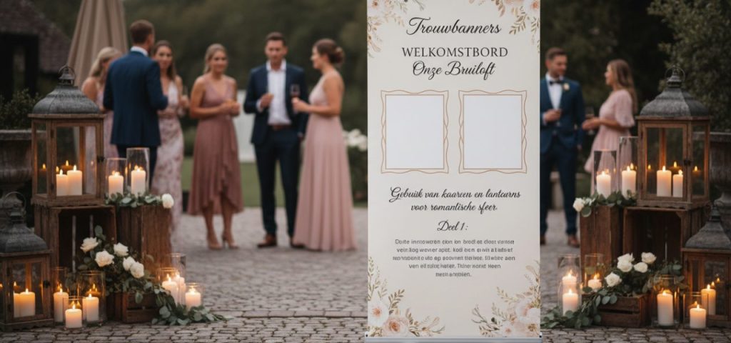 Welkomstbord ﻿Gebruik van kaarsen en lantaarns voor een romantische sfeer.​