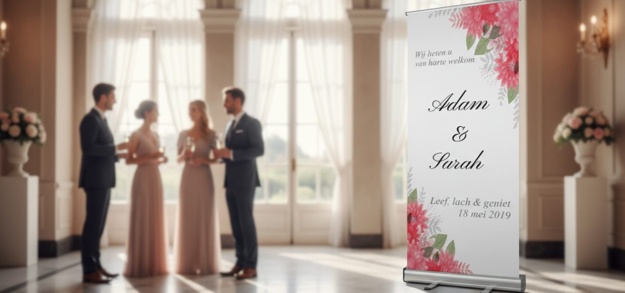 Wat is een huwelijk rollup banner met standaard