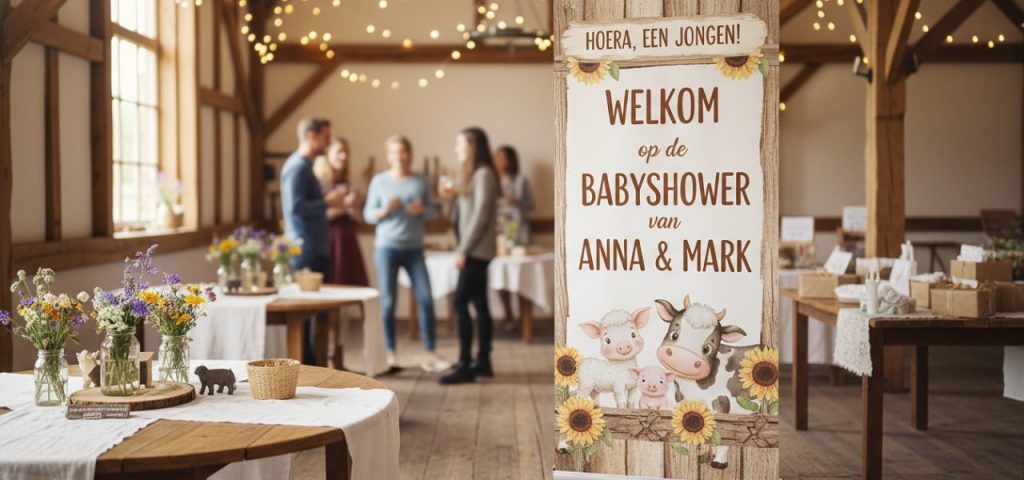 ideeen-voor-een-boerderij-thema-1-323 Welkomstbord Ideeën voor een boerderij-thema babyshower met rustieke decoraties en spelletjes.