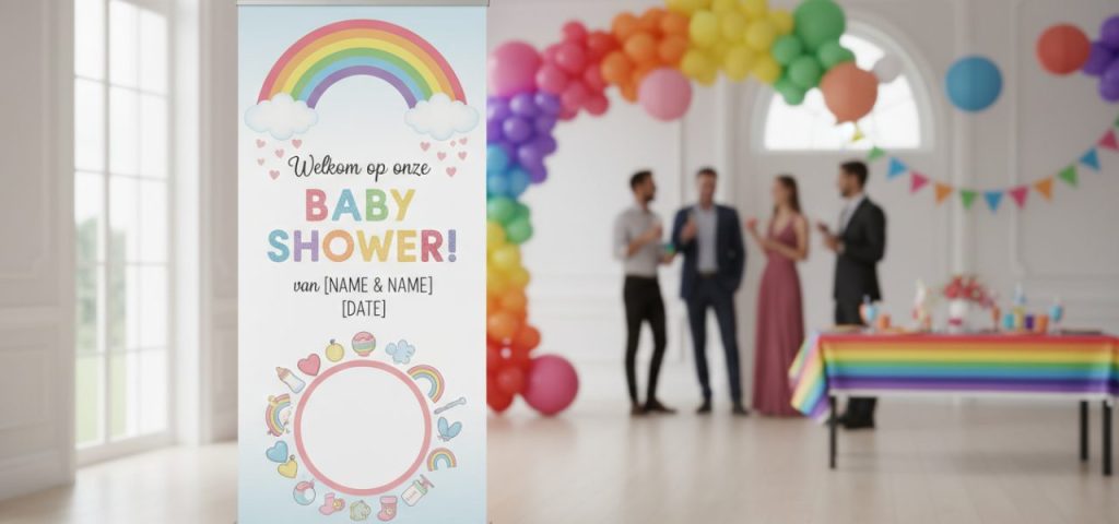 inspiratie-voor-een-regenboog-thema-1-750 Welkomstbord Inspiratie voor een regenboog-thema babyshower met kleurrijke decoraties en activiteiten.