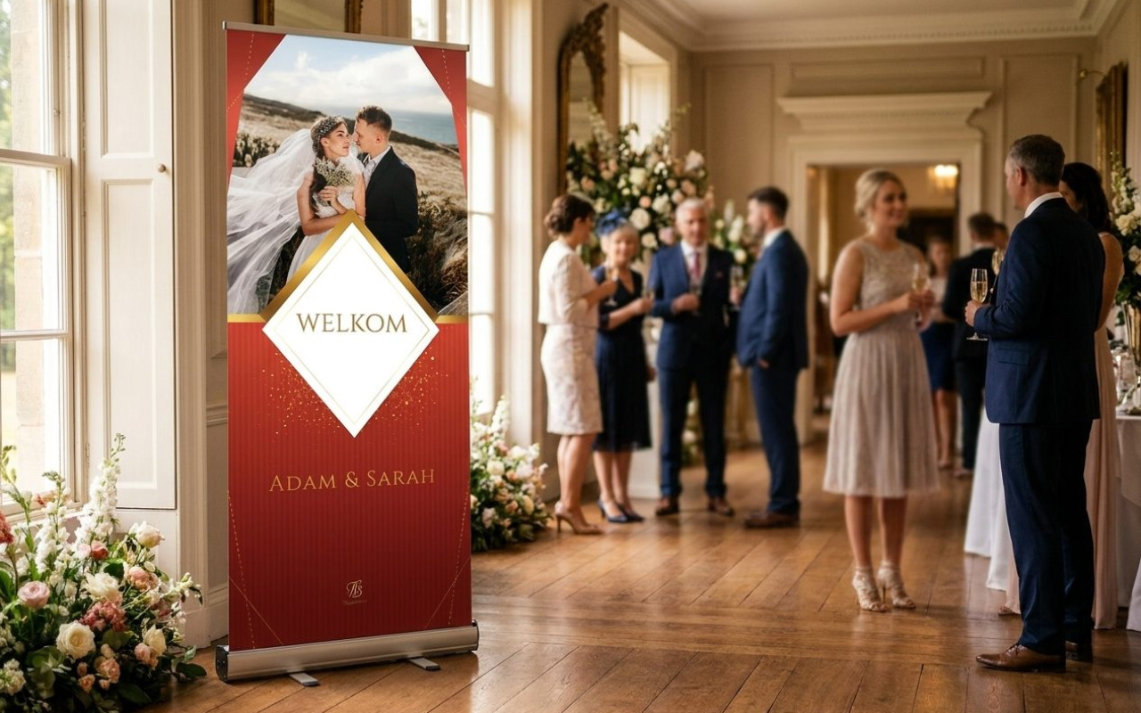 Welkomstbord bruiloft zelf ontwerpen Wil je Welkomstbord bruiloft zelf ontwerpen dat werkt? Bij Trouwbanners maak je in onze online ontwerptool jouw roll up banner zoals jij wilt. Kies stijl, thema, lettertypes, foto, namen en datum. Start met een sjabloon of canvas en pas welkomsttekst, routepijl en tijdlijn aan. Polyester doek met haarscherpe print, cassette…