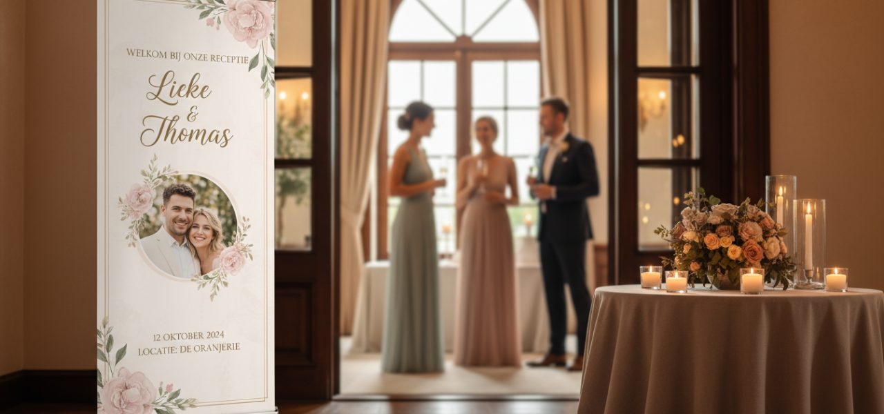 Personaliseer jouw receptie met unieke welkomstbord designs van Trouwbanners