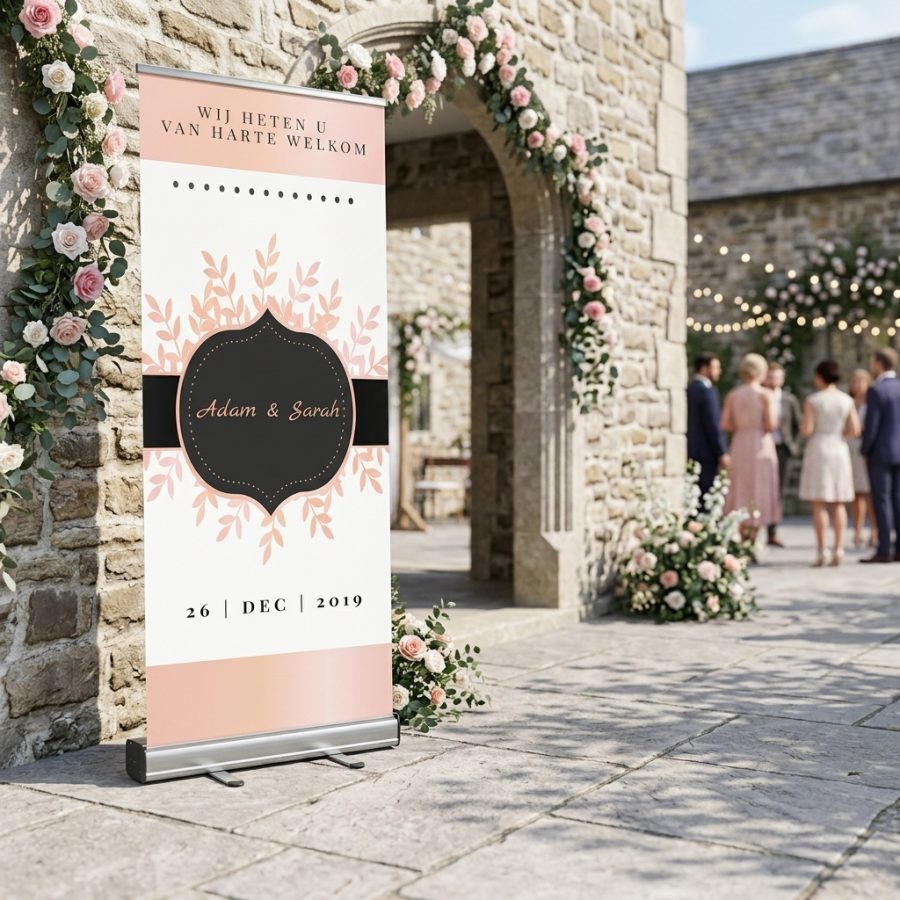 Bloemen welkomstbord bruiloft Pink Leaves roze Pink Leaves welkomstbord bruiloft - sfeerfoto ceremonie